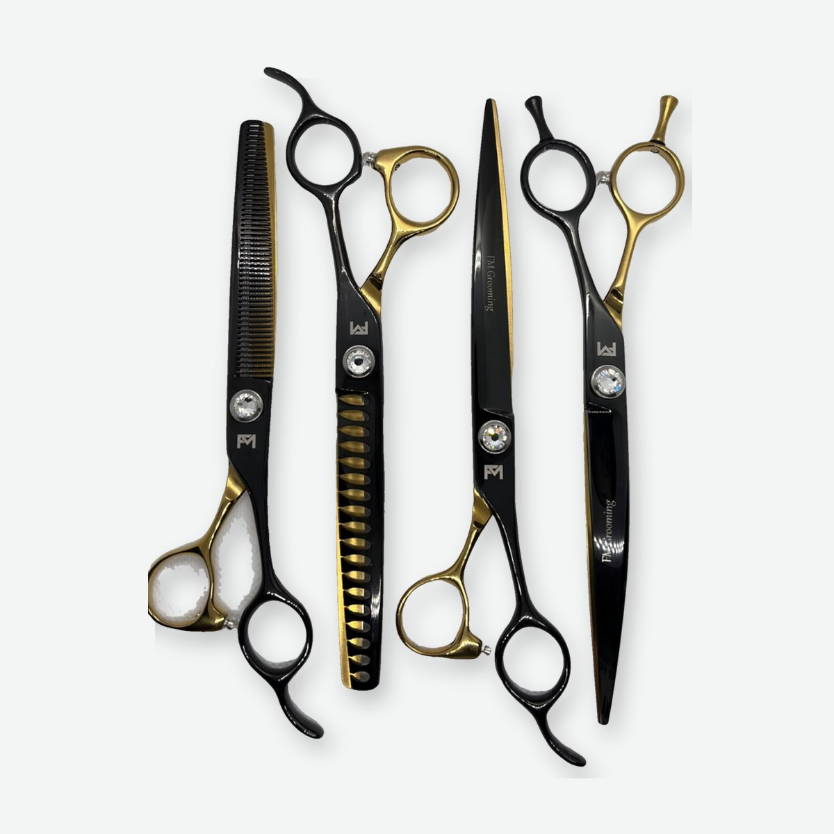Pack Fantasía: cuatro tijeras de peluquería canina en negro y dorado – FM Dog Grooming