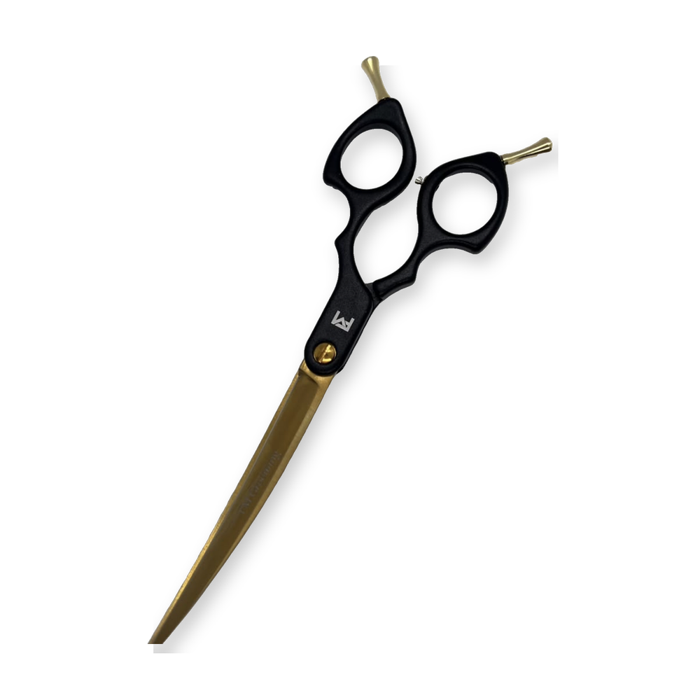 Tijera curva Élite Gold Pro de 6,5" con mango negro y hoja dorada